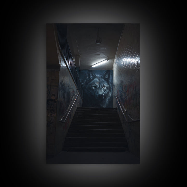 Urban Graffiti Alleyway With Detailed Wolf Mural Street Art Canvas Print Wall Art For Modern Living Room And Office Wall Decor