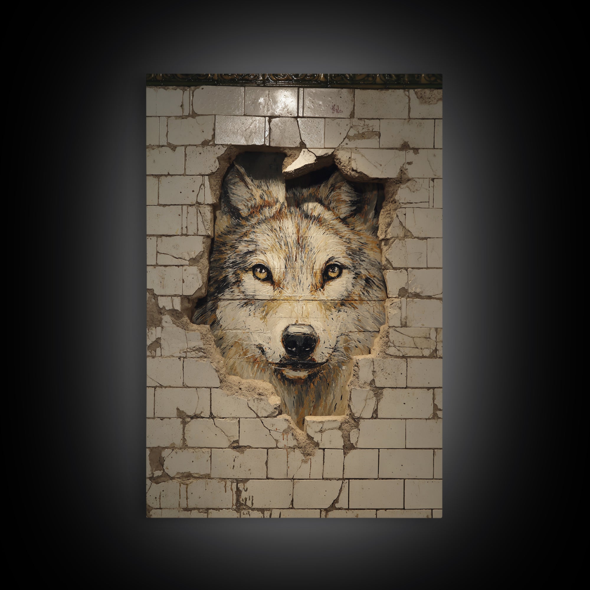 Lion Portrait Painted On Broken Wall Tiles Urban Street Art Mural Wall Art Framed Canvas Print For Edgy Home Decor