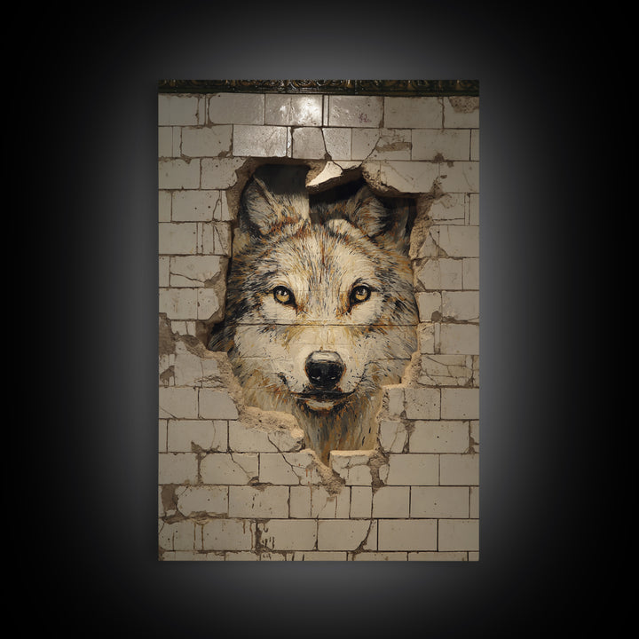 Lion Portrait Painted On Broken Wall Tiles Urban Street Art Mural Wall Art Framed Canvas Print For Edgy Home Decor