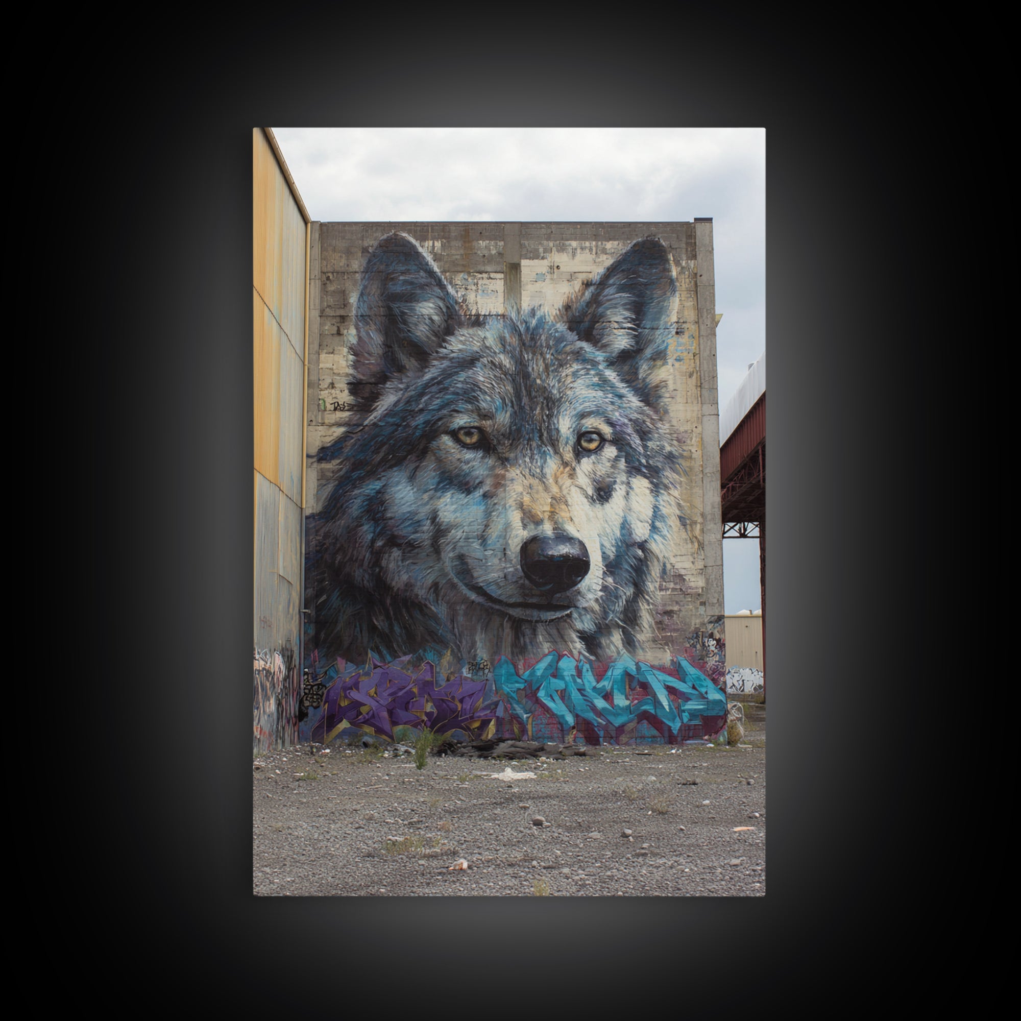 Massive Wolf Mural Graffiti On Urban Wall Featuring Detailed Animal Portrait Vibrant Street Art Print