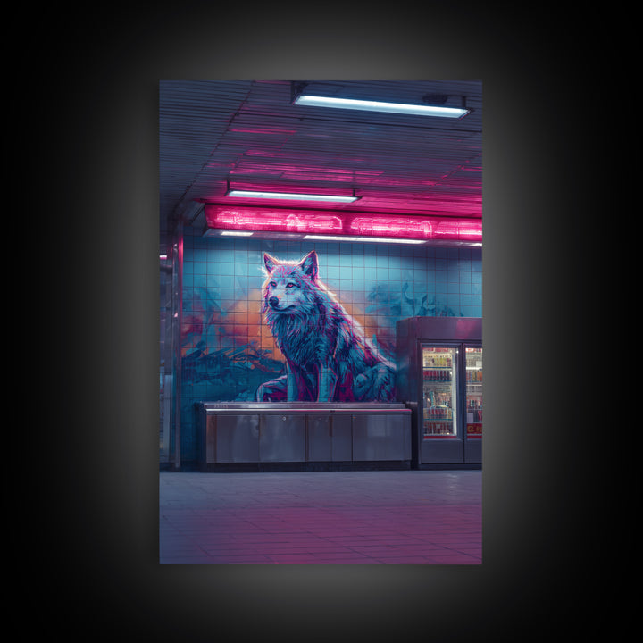 Urban Neon Cityscape With Wolf Mural Vibrant Street Art Wall Art Contemporary Wall Decor Canvas Print For Modern Living Room