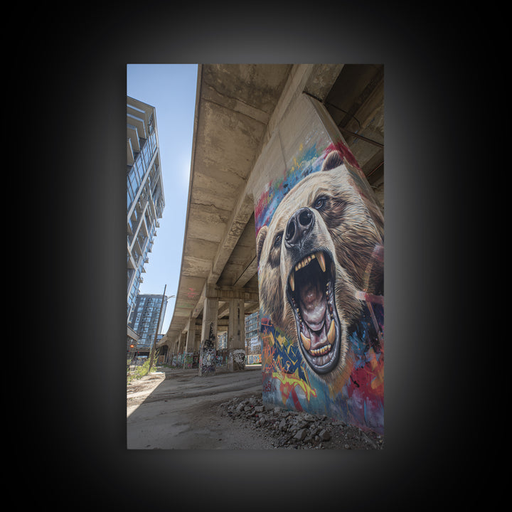 Roaring Grizzly Bear Graffiti Mural Under Concrete Bridge Wall Art For Man Cave And Urban Home Decor