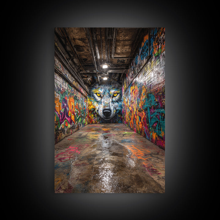 Colorful Wolf Graffiti Street Art Urban Wall Art Print Home Decor Vibrant Alley Framed Canvas Print