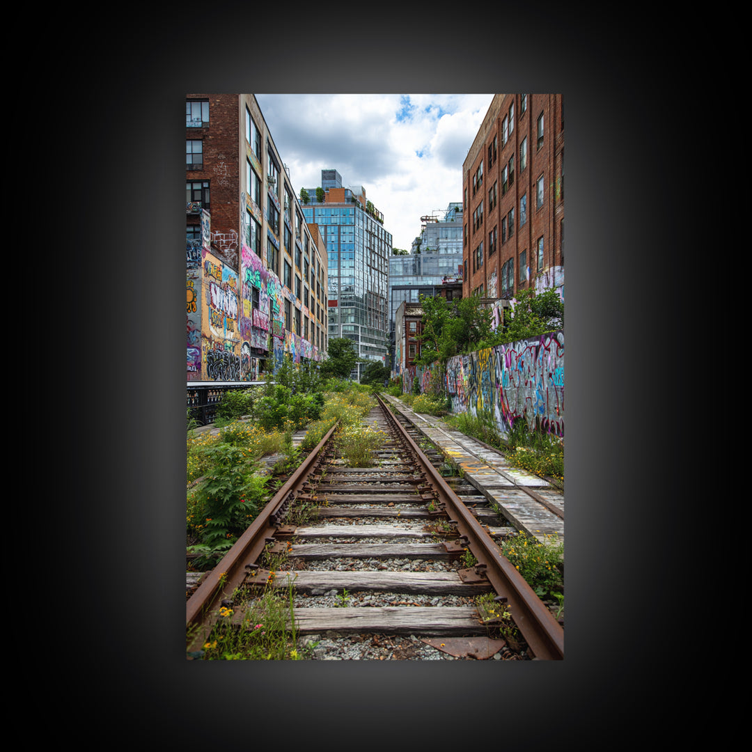 Urban Overgrown Railway Track Between Graffiti Walls In City - Contemporary Wall Art Canvas Print For Modern Decor