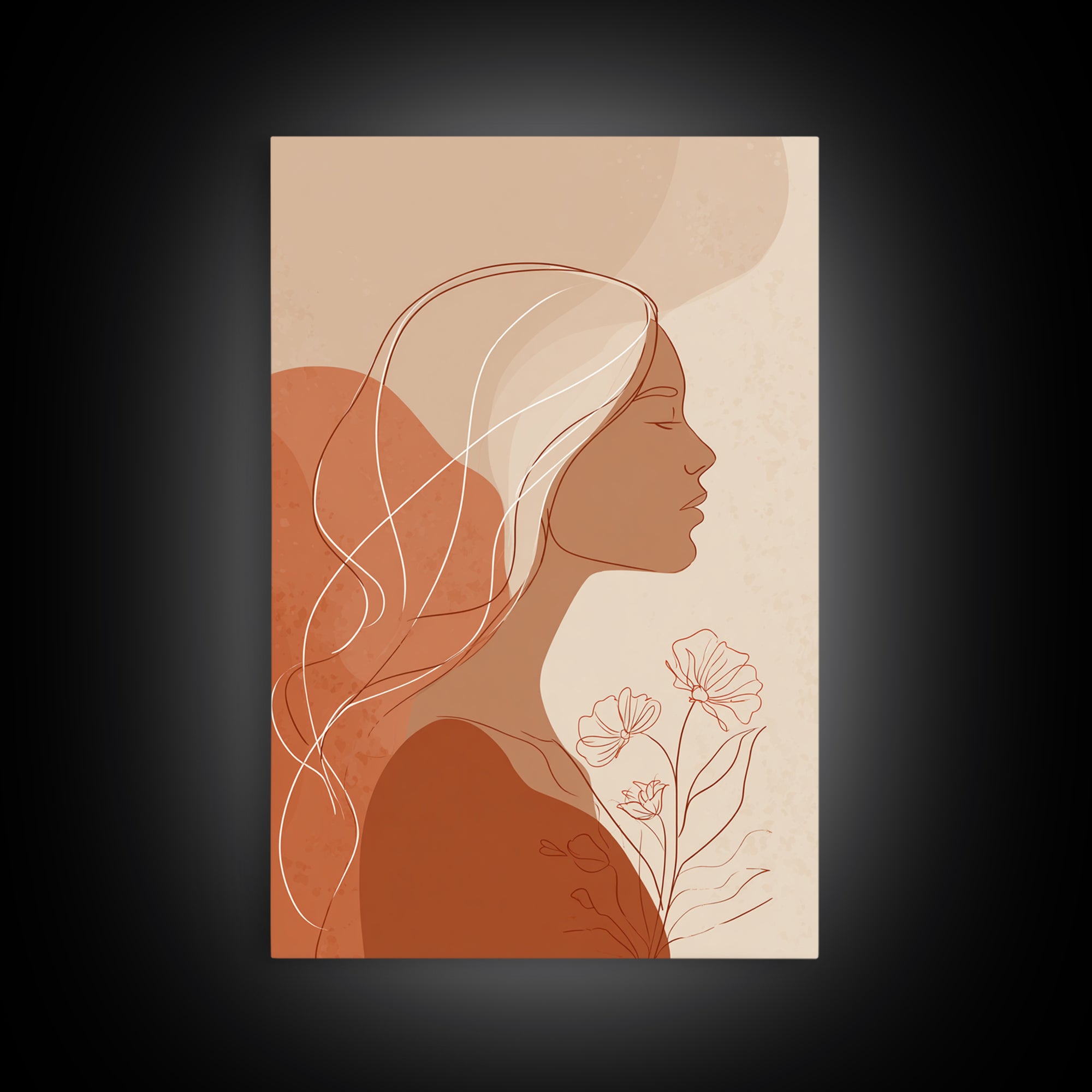 Minimalist Woman Profile With Flowers Wall Art, Terracotta Line Art Canvas Print, Feminine Boho Bedroom Decor Gift For Her