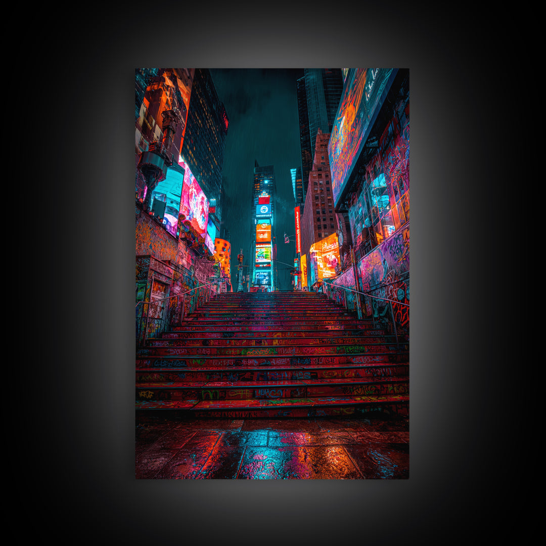 Moody Urban Graffiti Subway With Neon Lights And Rain Wall Art Canvas Print For Modern Street Decor