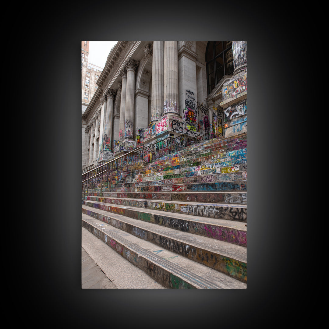 Vibrant Graffiti Covered Urban Steps Photography Wall Art Framed Canvas Print For Modern Industrial Home Decor