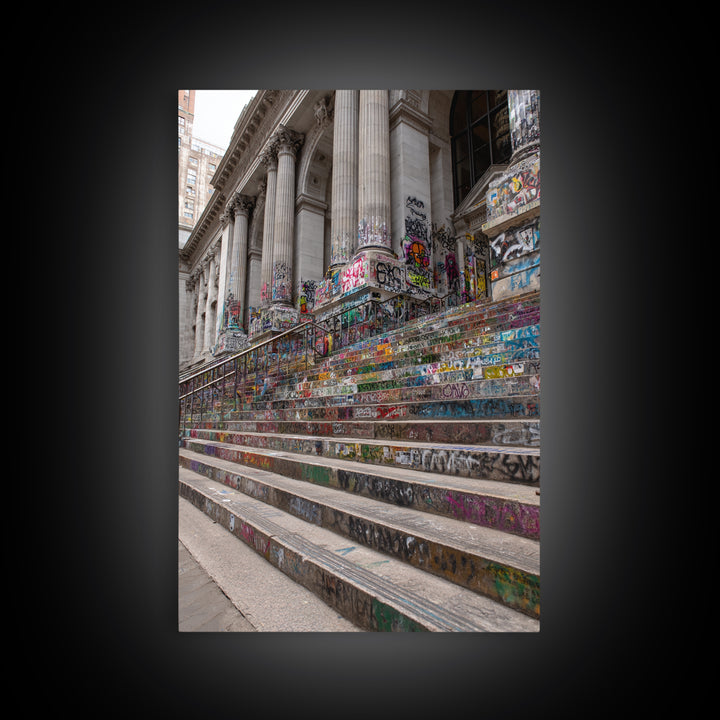 Vibrant Graffiti Covered Urban Steps Photography Wall Art Framed Canvas Print For Modern Industrial Home Decor