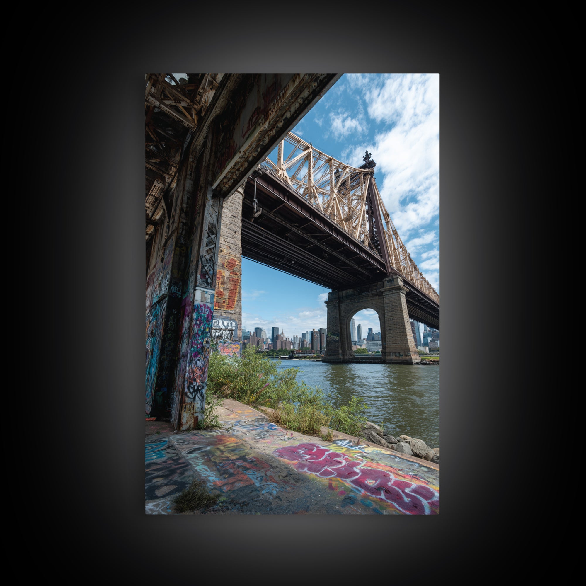 Urban Bridge And Graffiti Wall Over River Cityscape Photography Canvas Print Wall Art For Living Room Or Office Decor