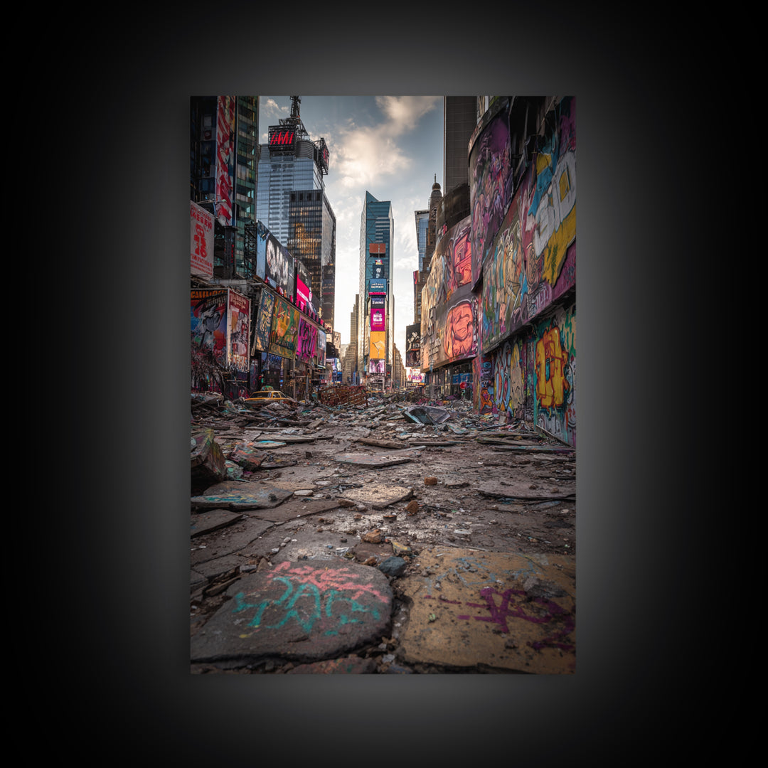 Post Apocalyptic Times Square Urban Ruins Photography Wall Art Print With Graffiti And Debris For Modern Home And Office Decor