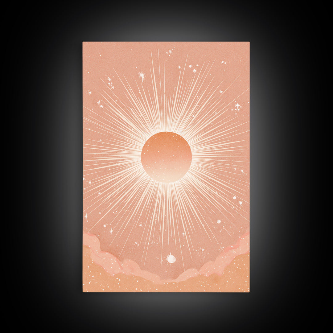Radiant Peach Sunburst Celestial Wall Art, Boho Sun And Moon Art Print, Warm Neutral Bedroom Decor, Gift For Her, Modern Home Decor