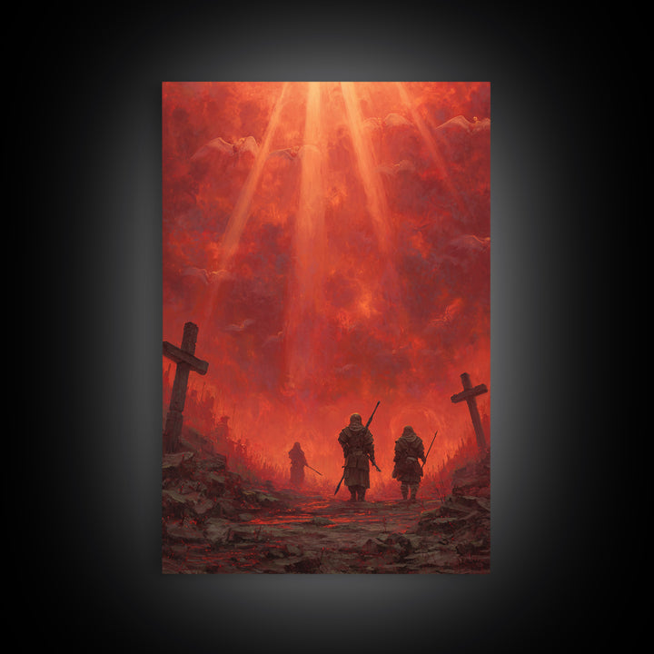 Fiery Red Apocalypse Scene With Warriors And Crosses Dramatic Fantasy Art Canvas Print Perfect Statement Wall Art For Home Decor