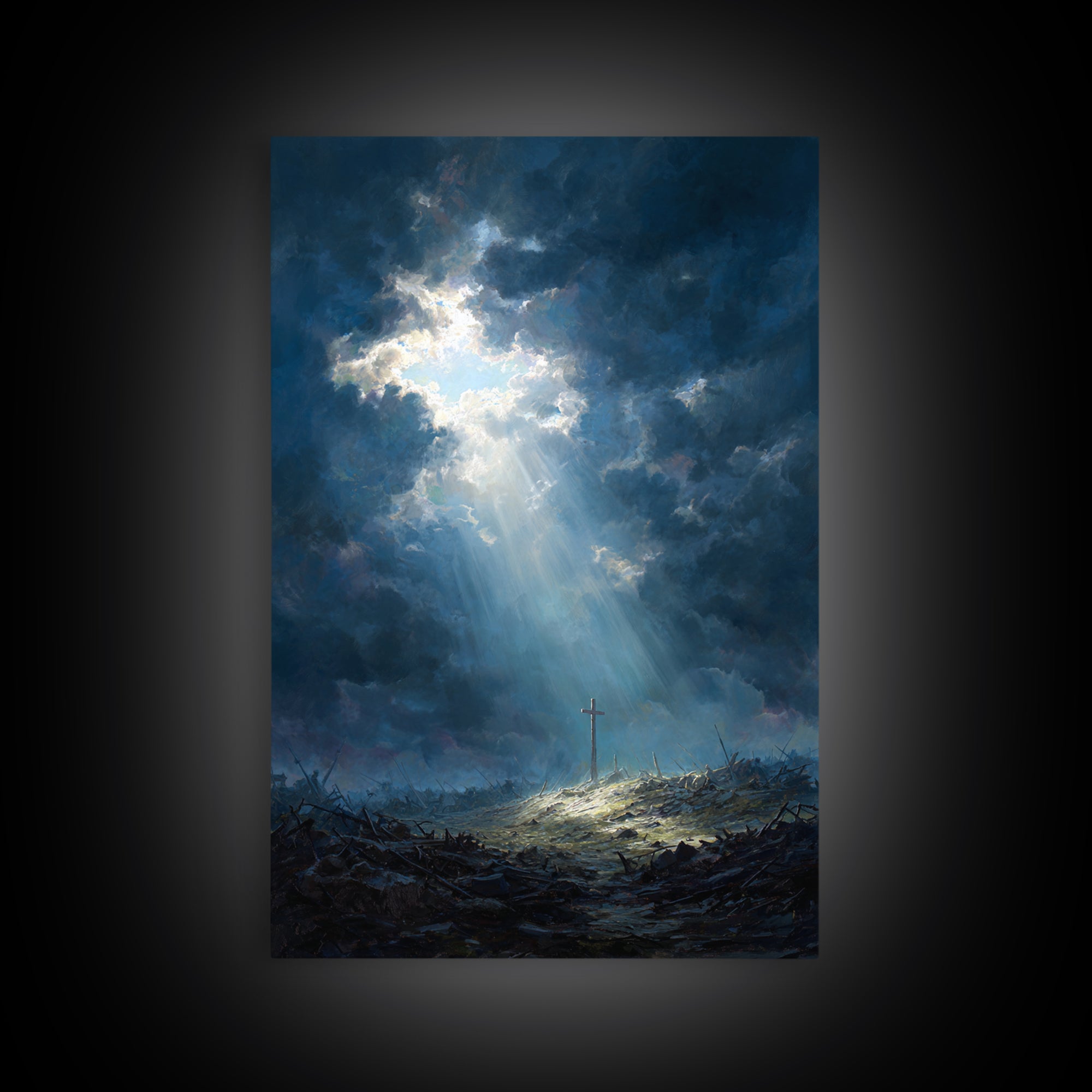 Cave Entrance View Overlooking Serene Mountain Landscape With Sunlight Rays Oil Painting Wall Art For Nature Lover Gift