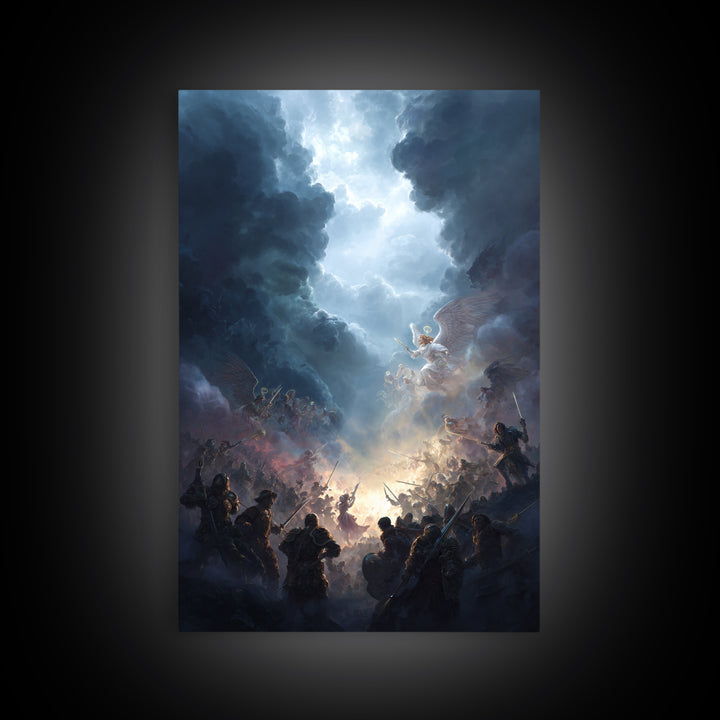 Epic Battle Between Angels Warriors In Dramatic Sky Fantasy Artwork Wall Art Framed Canvas Print For Home Decor