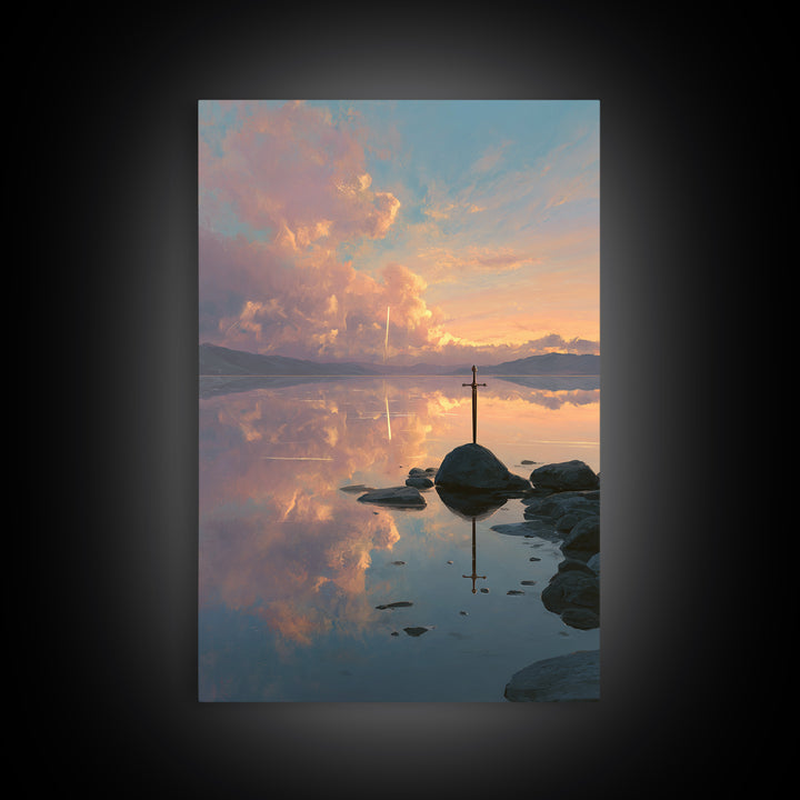 Sunset Over Calm Lake With Reflective Clouds And A Lone Sword Creative Canvas Print Wall Art For Home And Office Decoration