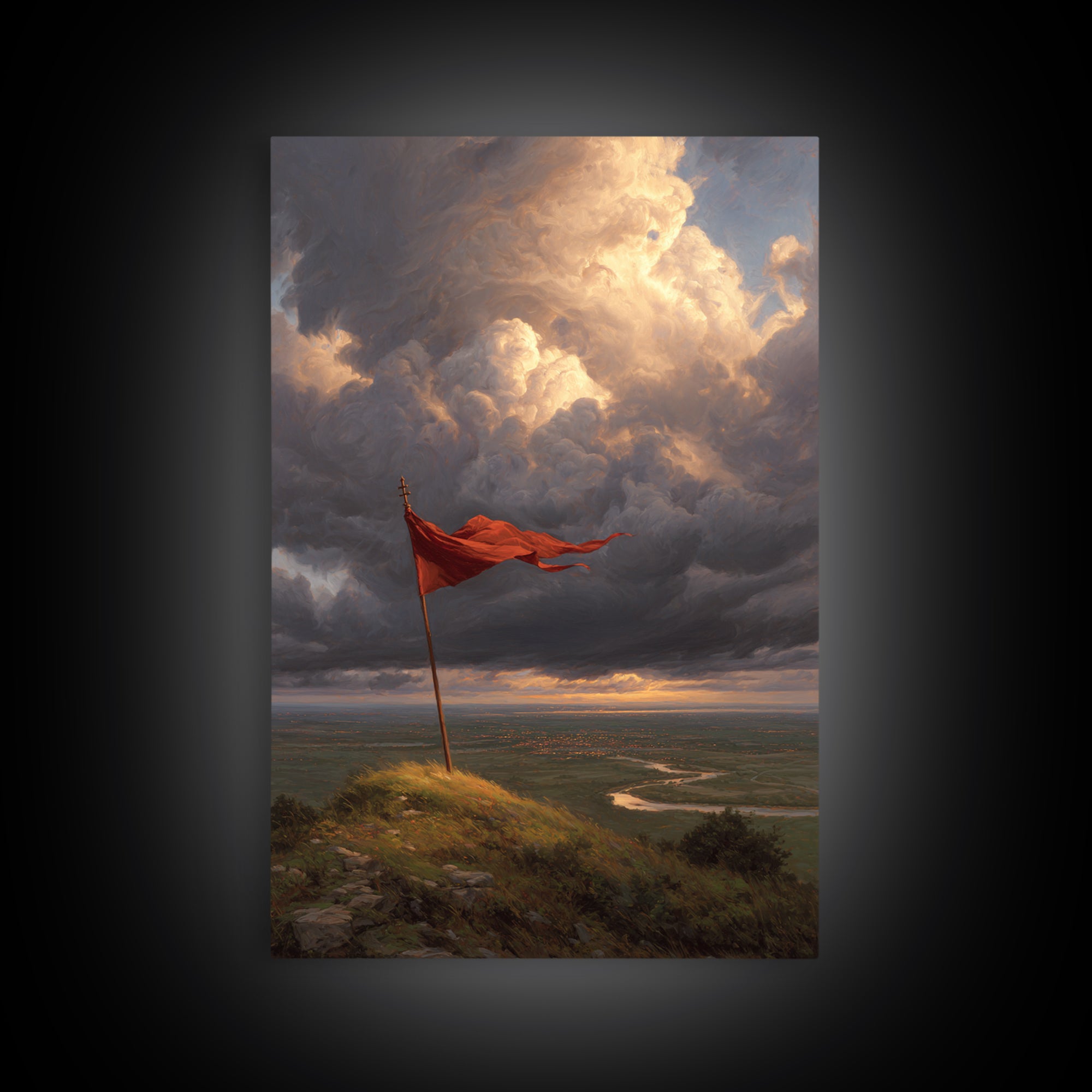 Majestic Flag On Hill Stormy Sky Landscape Painting Wall Art Rustic Home Decor Canvas Print For Living Room And Office