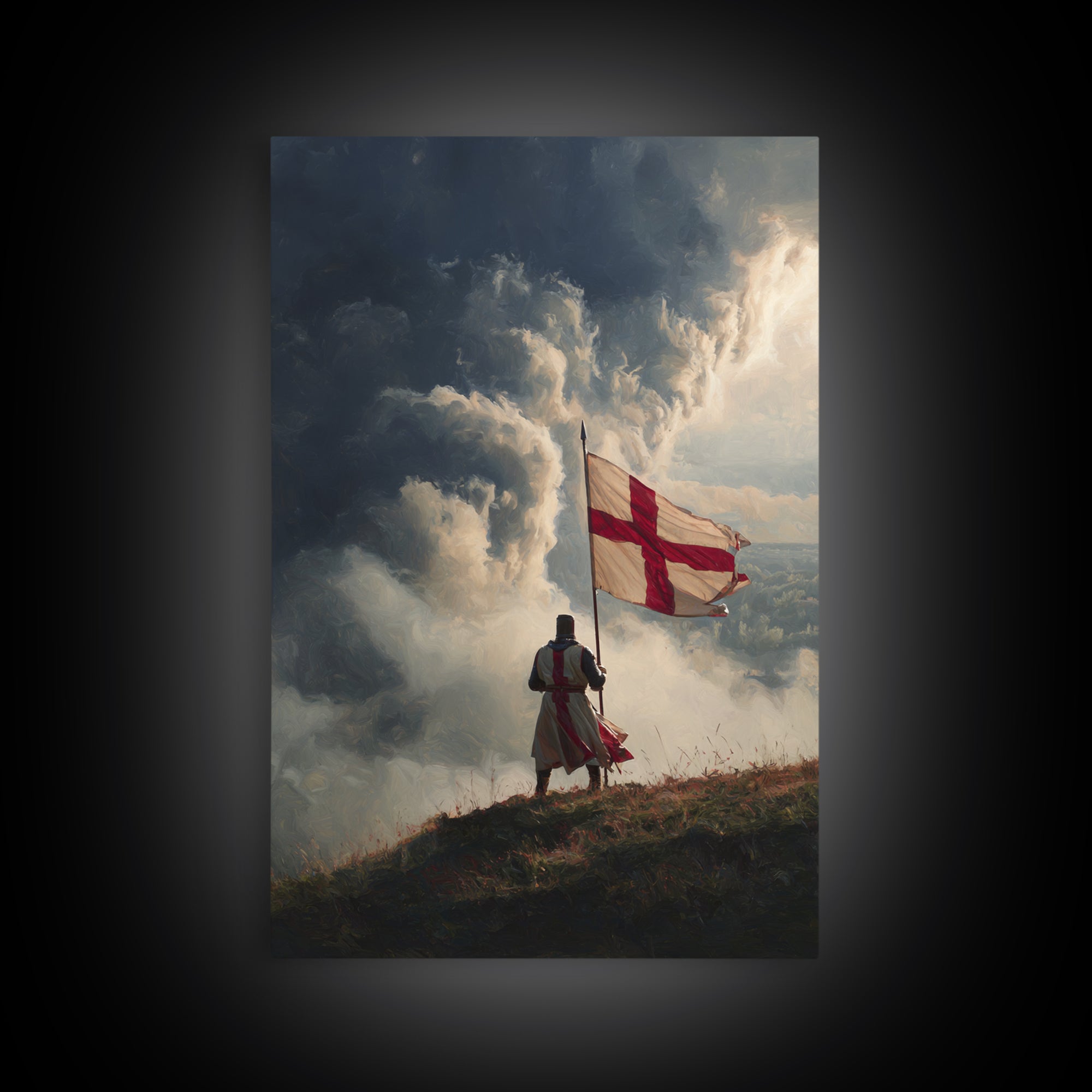 Epic Angelic Warrior In Golden Armor Holding Sword Against Stormy Sky Dramatic Religious Wall Art Framed Canvas Print