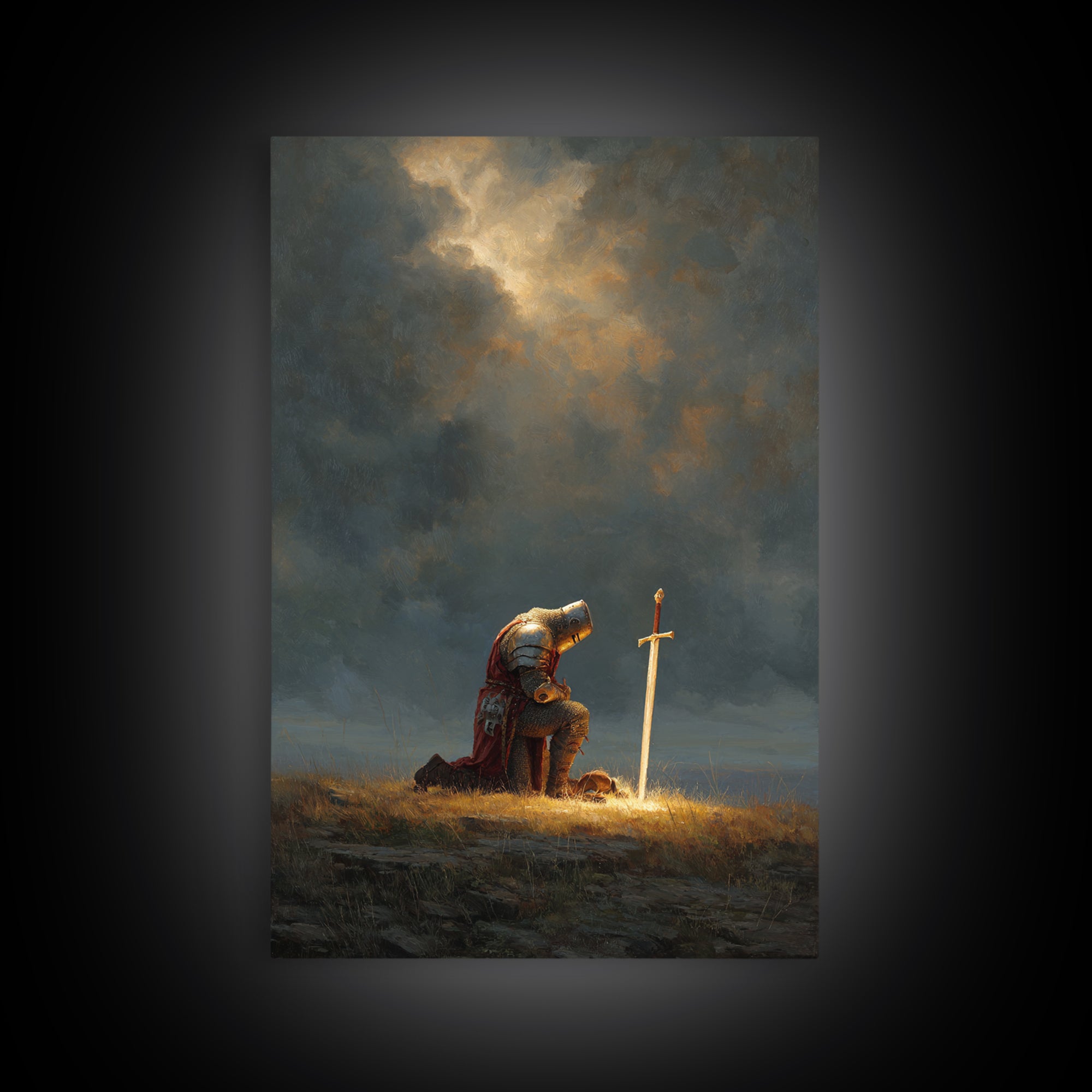Knight Kneeling Beside Sword With Stormy Sky Dramatic Medieval Armor Wall Art Canvas Print For Office Decor