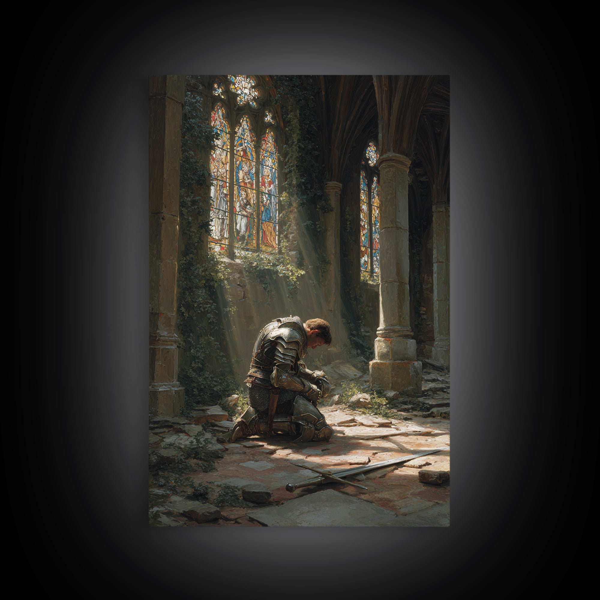 Majestic Gothic Cathedral Interior With Stained Glass And Pillars Wall Art Framed Canvas Print For Home