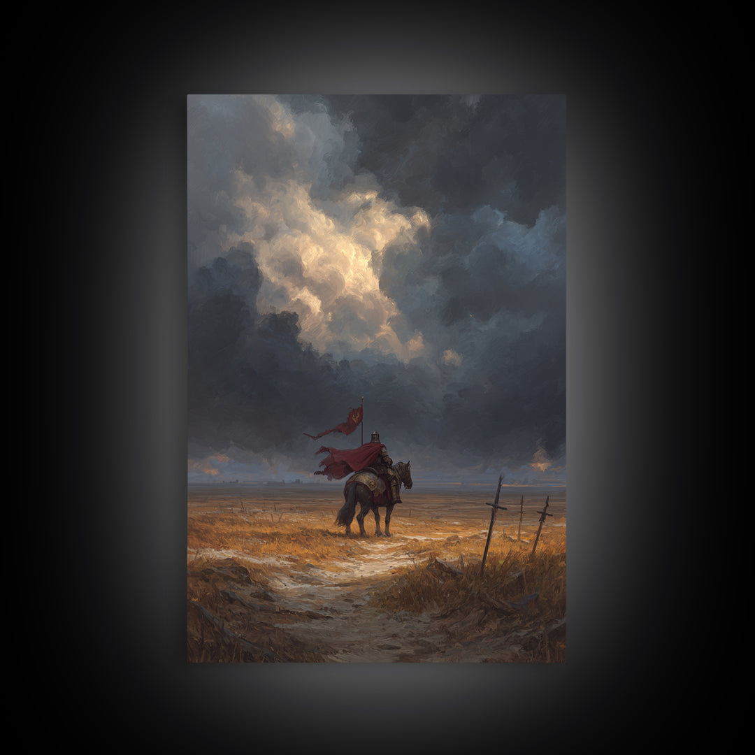 Medieval Knight On Horse With Red Cape Overcast Sky Canvas Print Original Wall Art For Office And Home