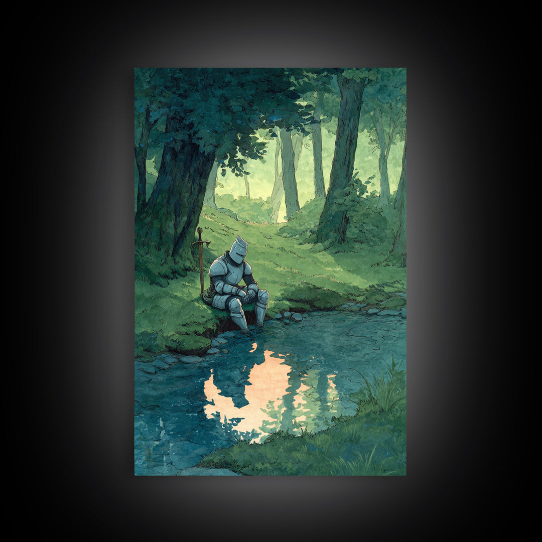 Solitary Knight In Medieval Armor Sitting Beside Forest Stream Original Wall Art With Contemporary And Fantasy Decor