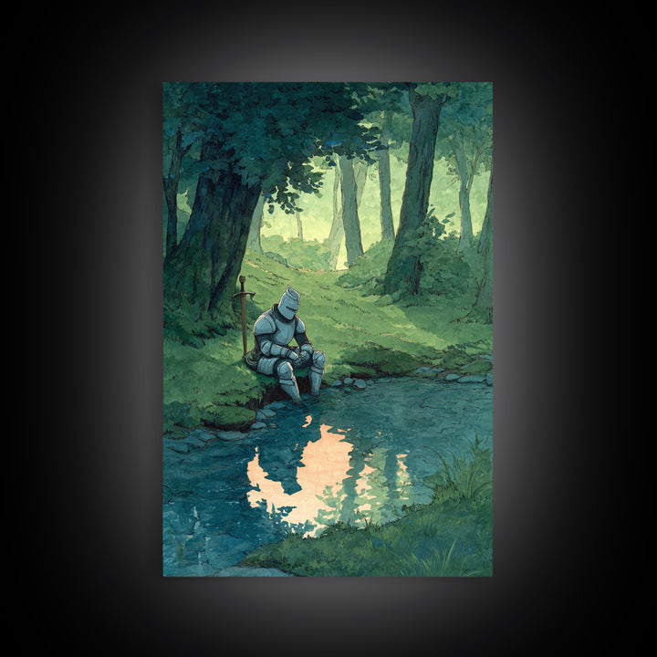 Solitary Knight In Medieval Armor Sitting Beside Forest Stream Original Wall Art With Contemporary And Fantasy Decor