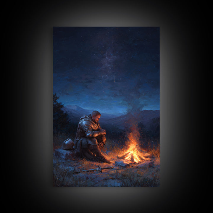 Knight Praying By Campfire In Armor At Night Meditative Fantasy Wall Art Framed Canvas Print For Home Decor