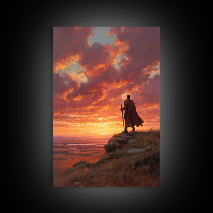 Heroic Knight Standing On Cliff At Sunset Dramatic Landscape Wall Art Large Framed Canvas Print For Living Room Decor