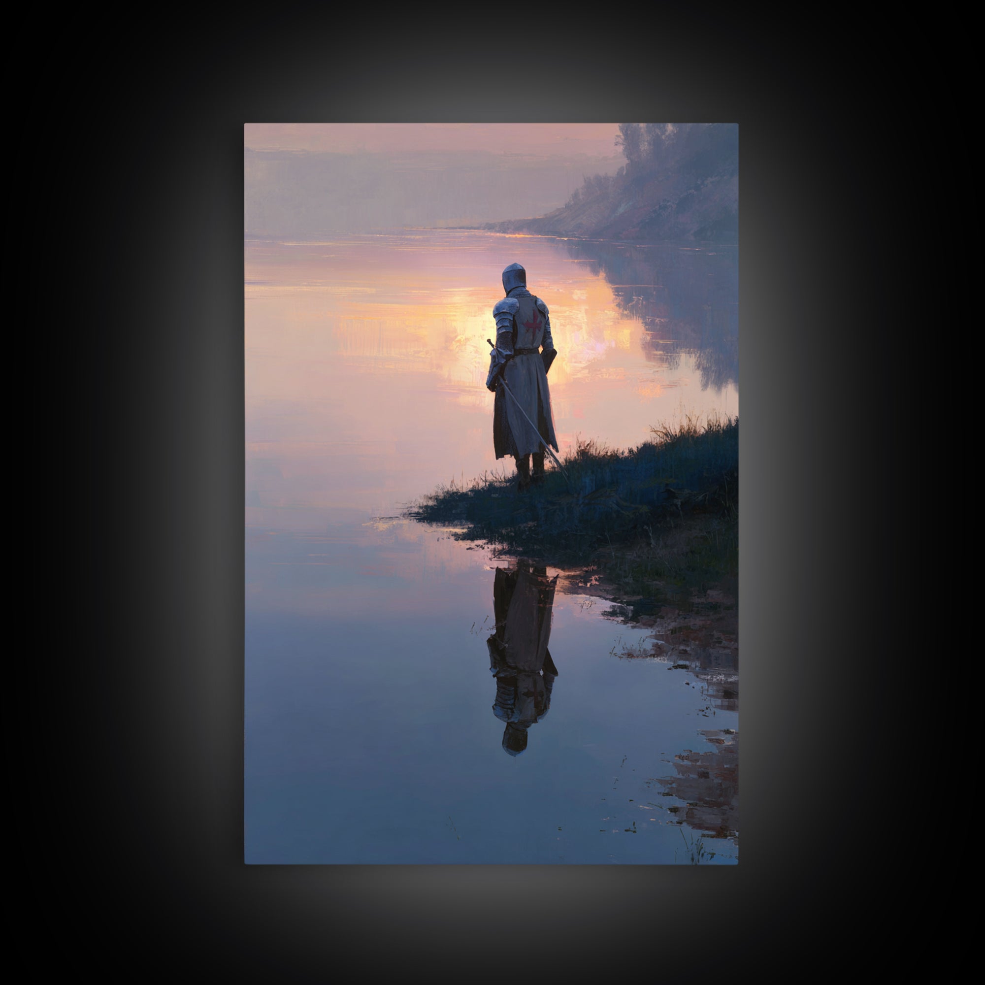 Knight In Sunlight Praying Under Mighty Oak Tree Painting Medieval Religious Wall Decor Framed Canvas Print For Home Office Or Spiritual Wall Art