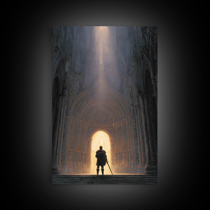 Medieval Knight Standing In Cathedral Doorway With Light Beam Canvas Print Modern Wall Art For Office Decor