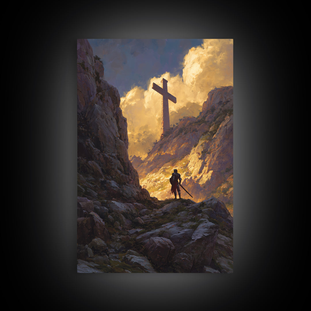 Knight In Armor Sword Battle Rain Scene Wall Art Canvas Print Dramatic Medieval Painting For Home Decor