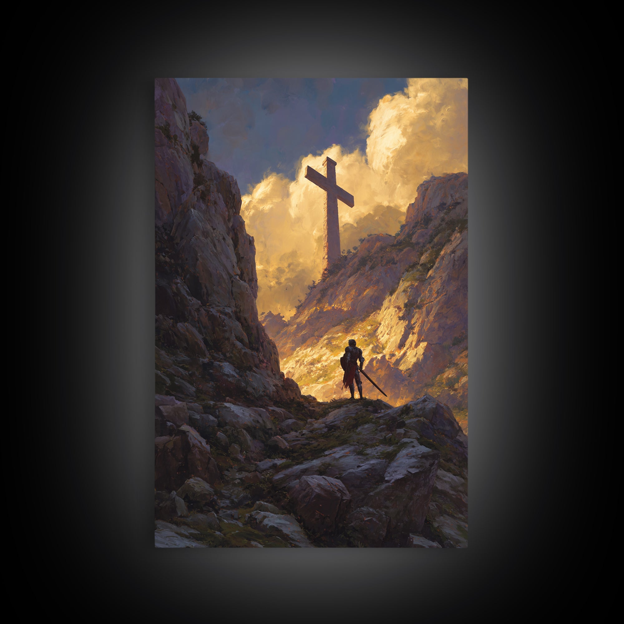 Knight In Armor Sword Battle Rain Scene Wall Art Canvas Print Dramatic Medieval Painting For Home Decor
