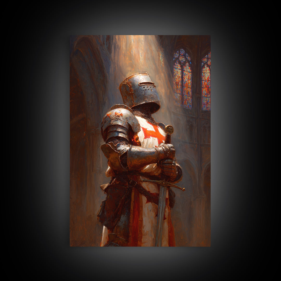 Crusader Knight In Cathedral Sunlight Oil Painting Wall Art Framed Canvas Print Medieval Historical Artwork For Man Cave