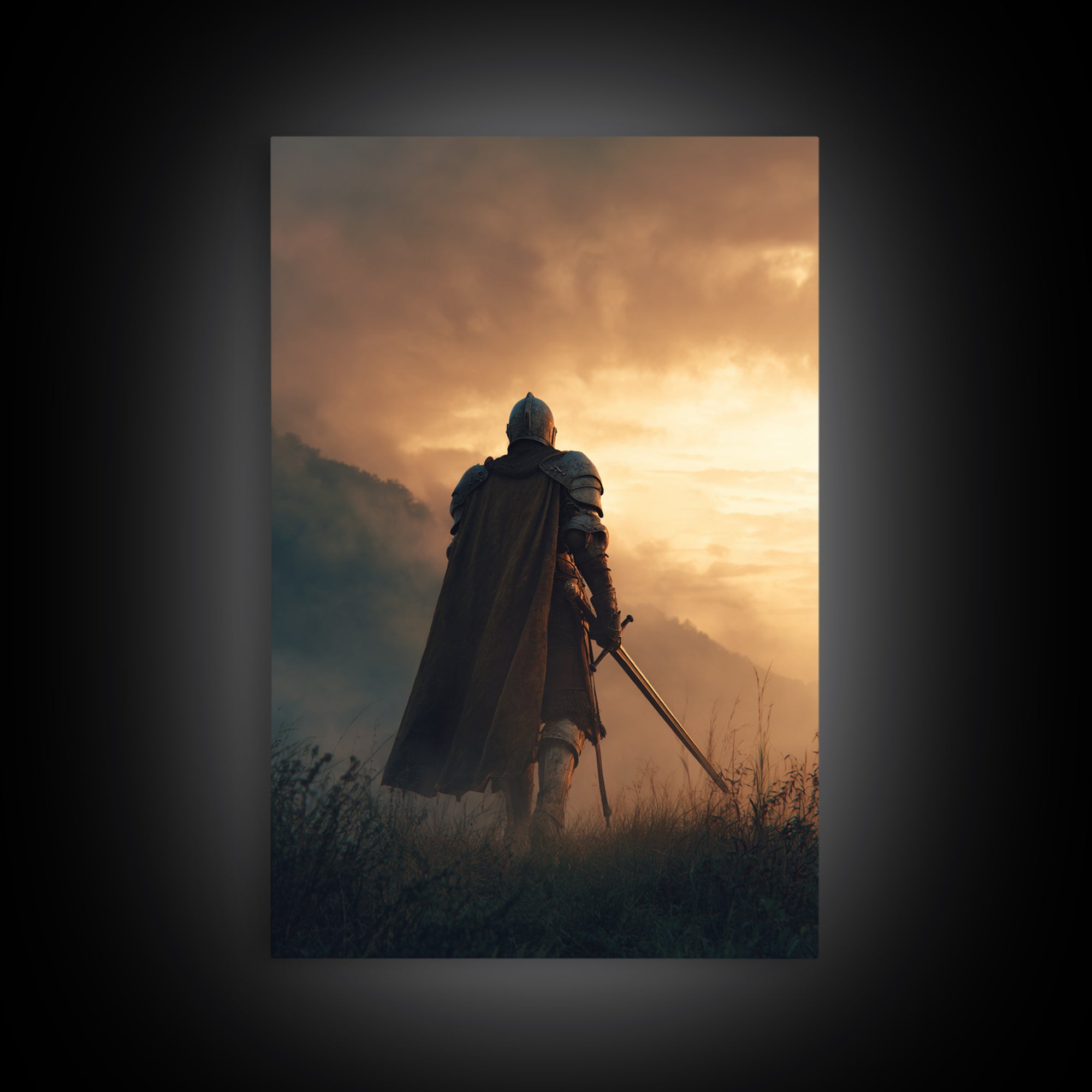 Knight In Shining Armor Facing Dramatic Sky Digital Painting Canvas Print Wall Art For Medieval Decor And Fantasy Ambiance