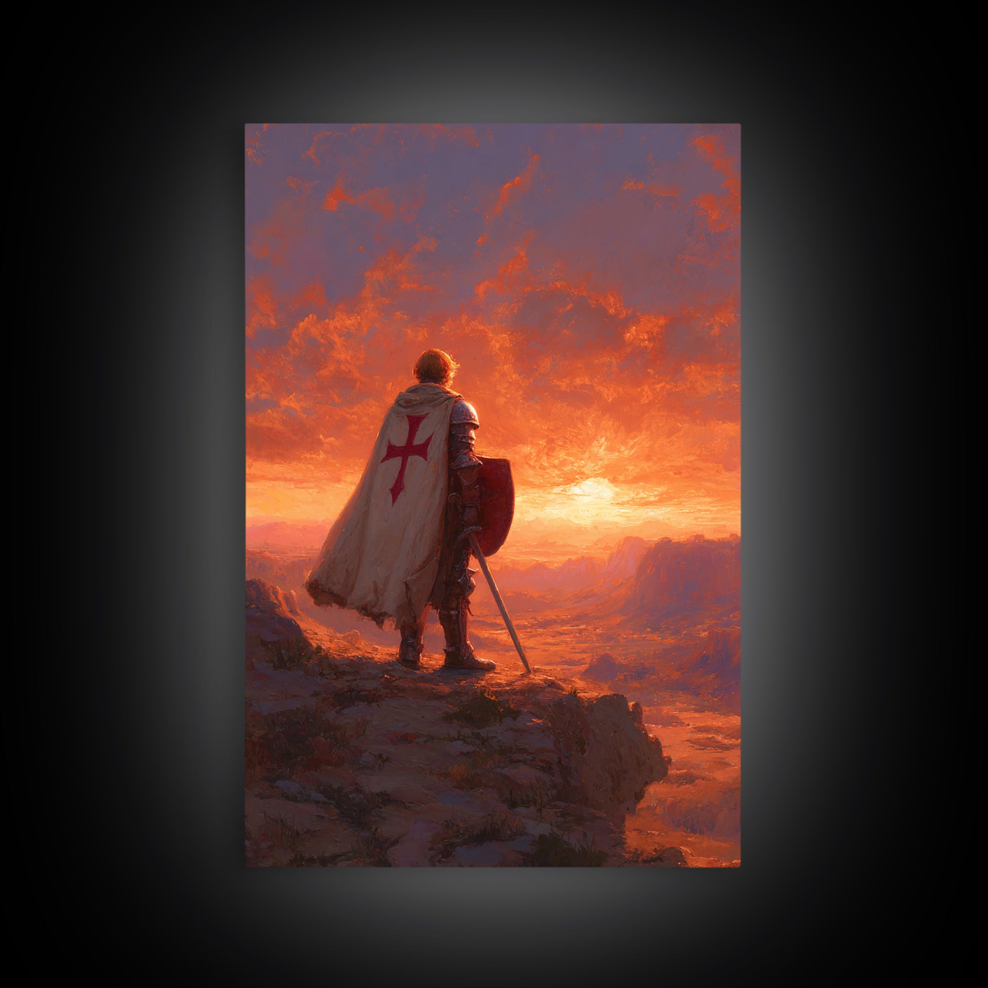 Crusader Knight Standing At Sunset Dramatic Historical Painting Canvas Print Wall Art Medieval Art For Home And Office Decor