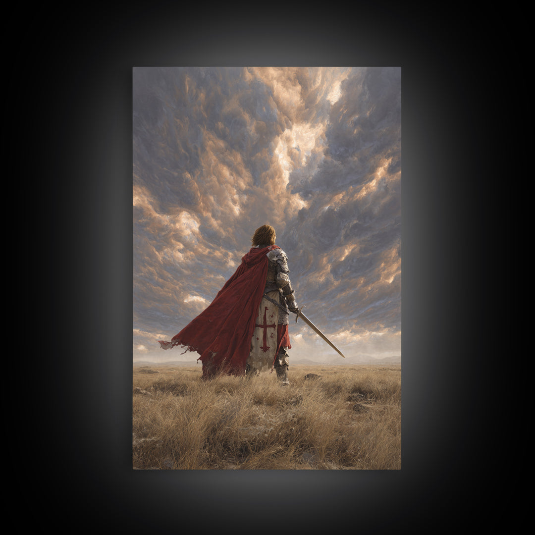 Majestic Knight Kneeling With Sword On Ground Under Dramatic Skies - Captivating Framed Canvas Print For Home