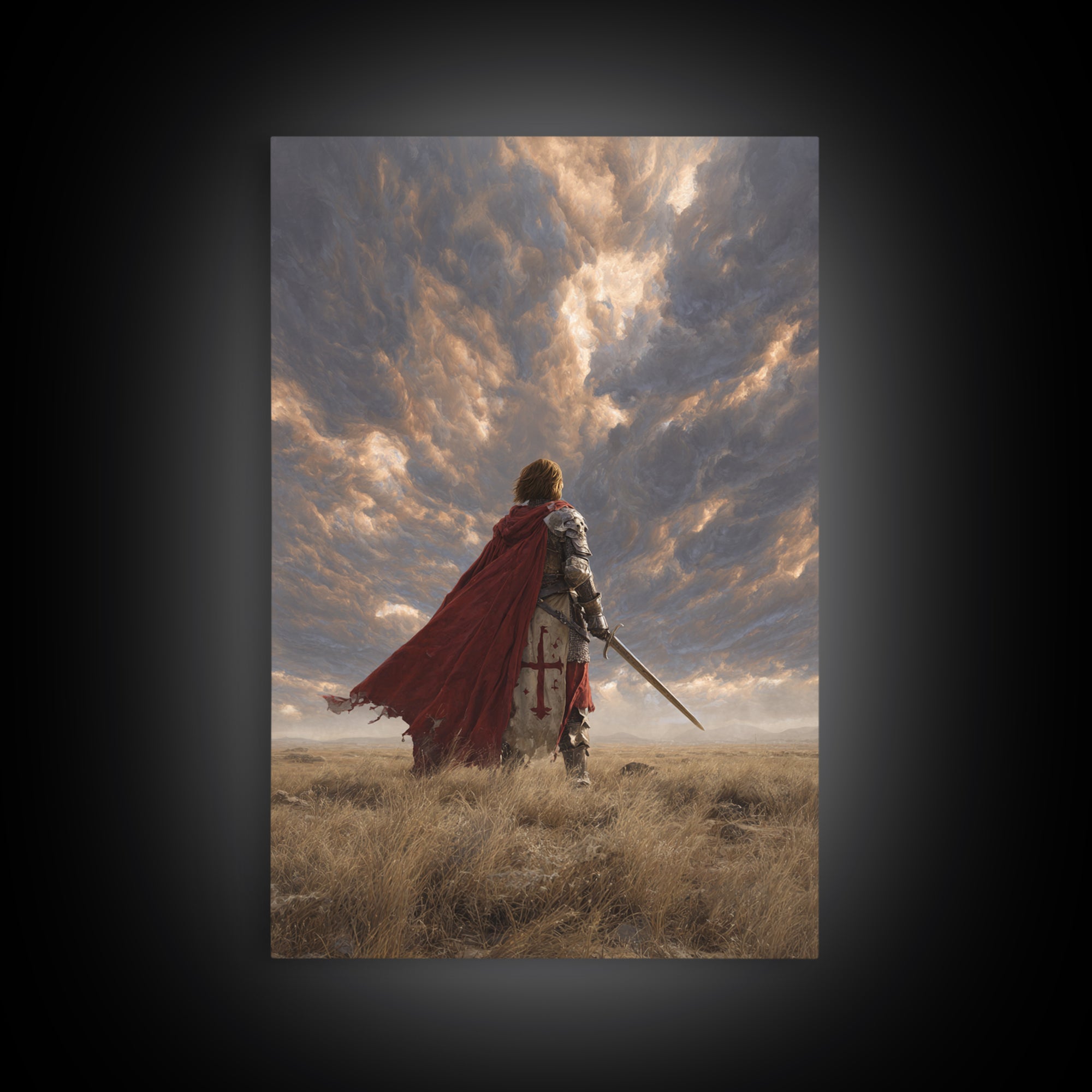 Majestic Knight Kneeling With Sword On Ground Under Dramatic Skies - Captivating Framed Canvas Print For Home