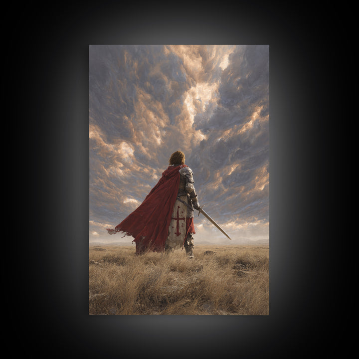 Majestic Knight Kneeling With Sword On Ground Under Dramatic Skies - Captivating Framed Canvas Print For Home