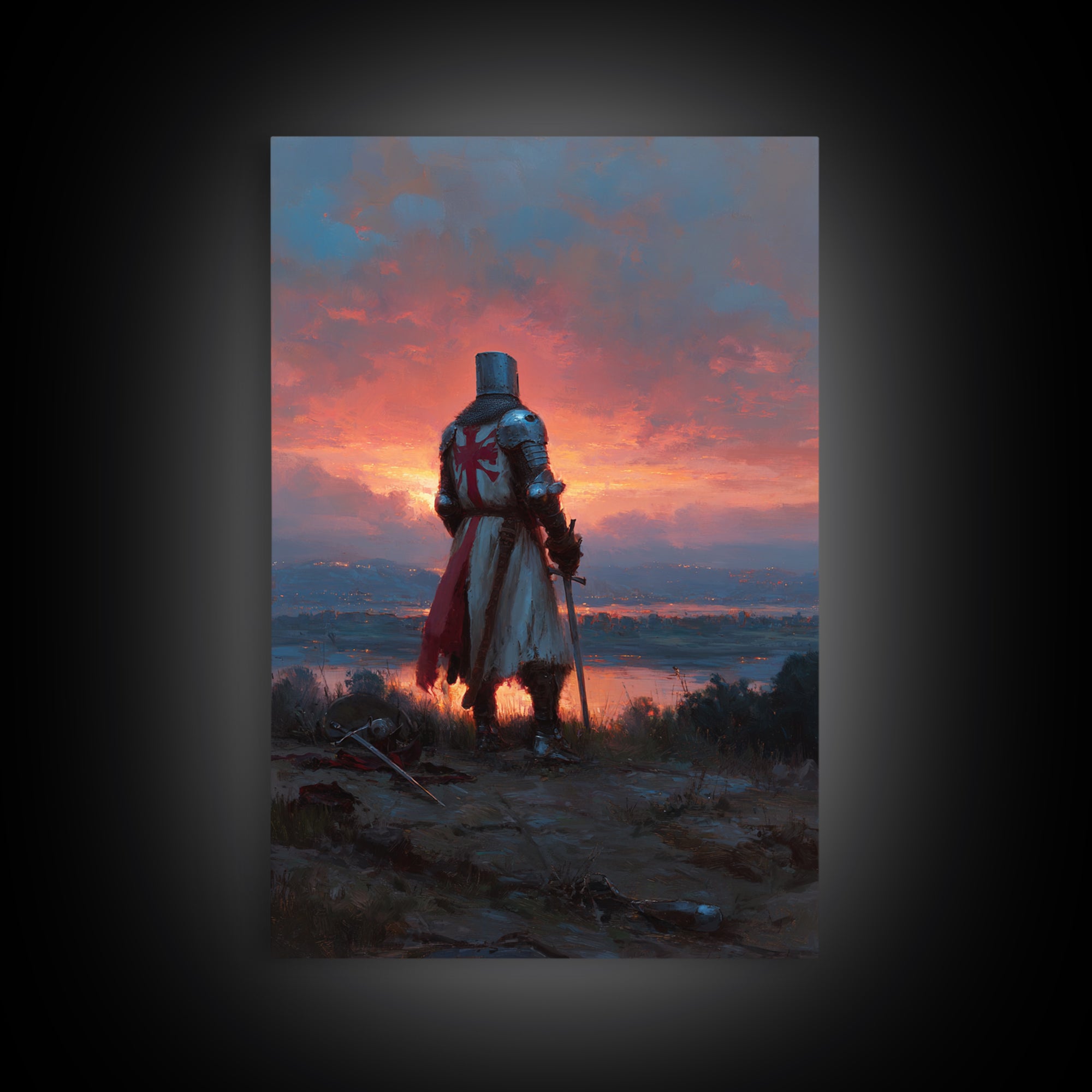Knight In Armor At Sunset Painting Dramatic Landscape With Medieval Warrior Exploring Emotional Wall Art For Office Decor Or Living Room Framed Canvas Print