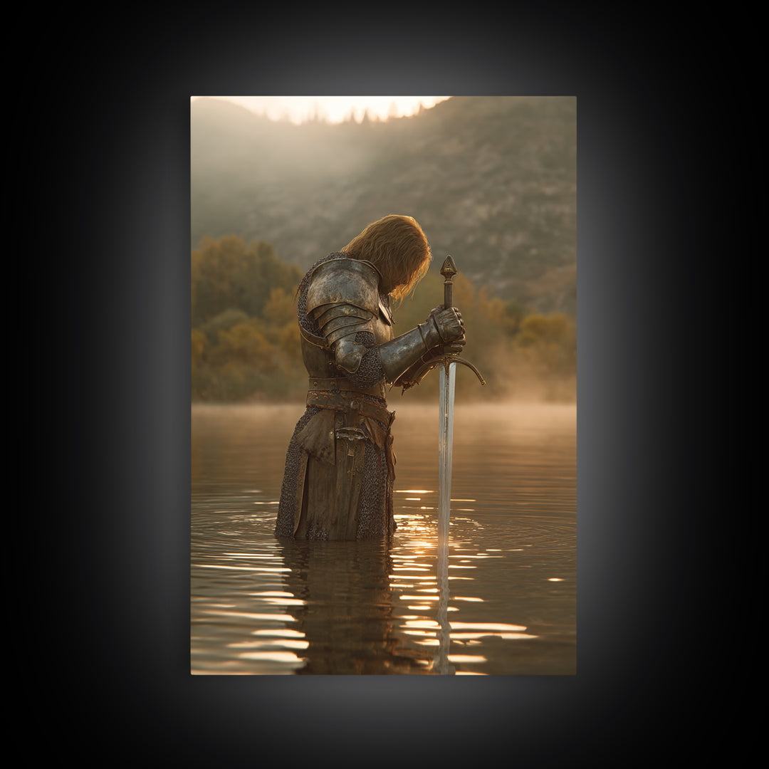 Medieval Knight Standing In Water Holding Sword Dramatic Warrior Wall Art Canvas Print For Man Cave Decor
