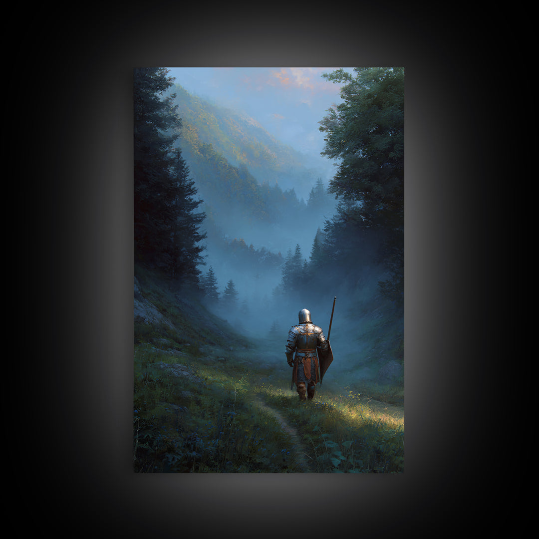 Knight In Armor Standing In Misty Valley Painting Medieval Fantasy Artwork For Office Wall Decor Or Living Room Statement Wall Art Framed Canvas Print