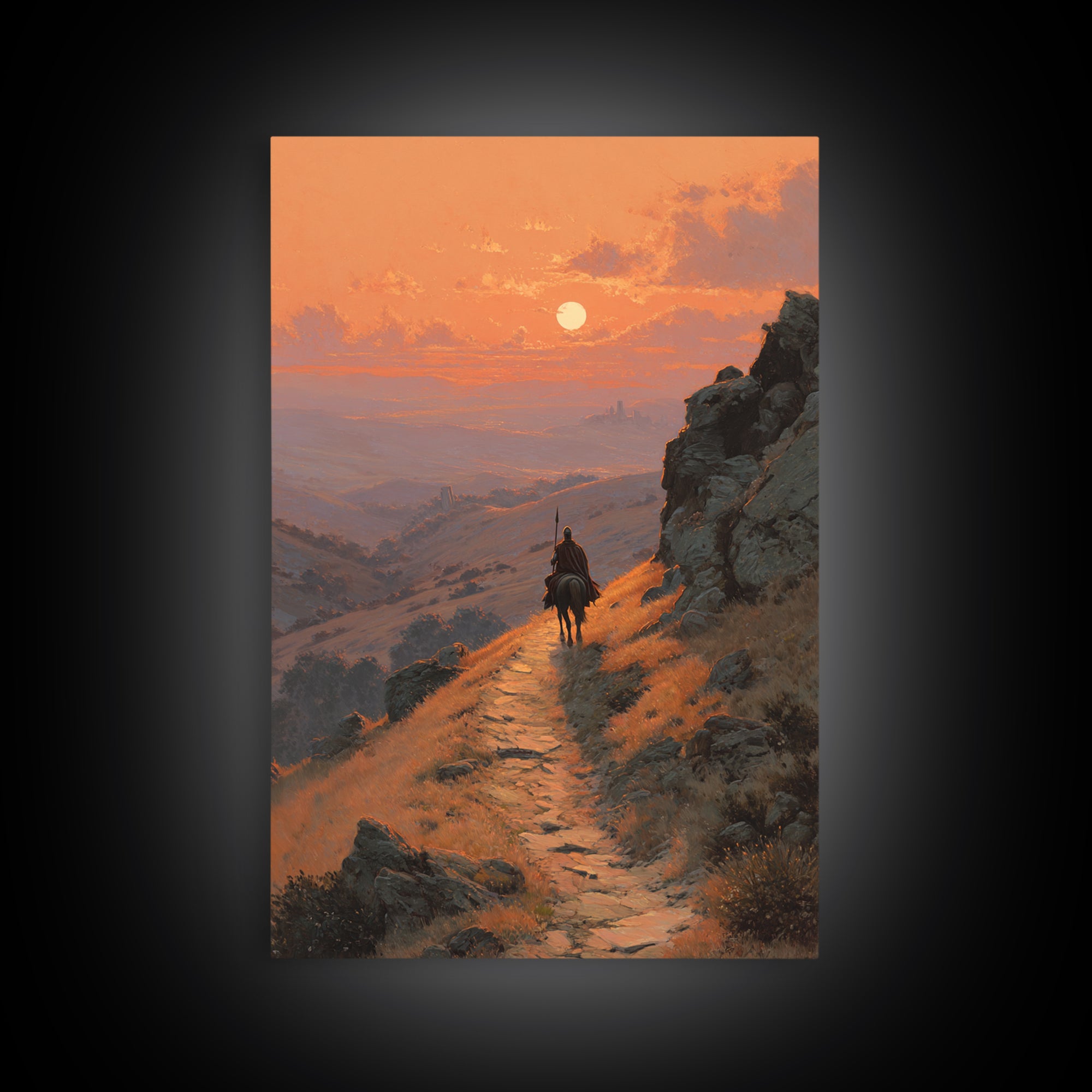 Contemplative Figure In Dark Cave With Light Rays Surreal Painting Modern Wall Art Framed Canvas Print