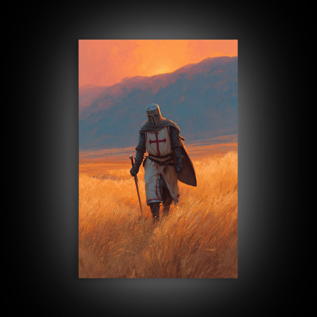 Medieval Knight In Armor With Sword Walking Through Golden Field At Sunset Wall Art Framed Canvas Print
