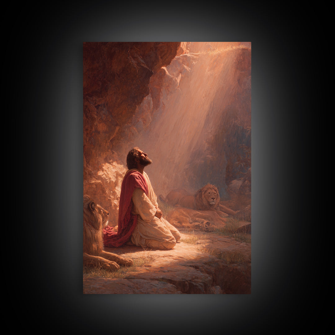 Praying Man With Lions In Dramatic Light Spiritual Christian Art Framed Canvas Print For Home Decor