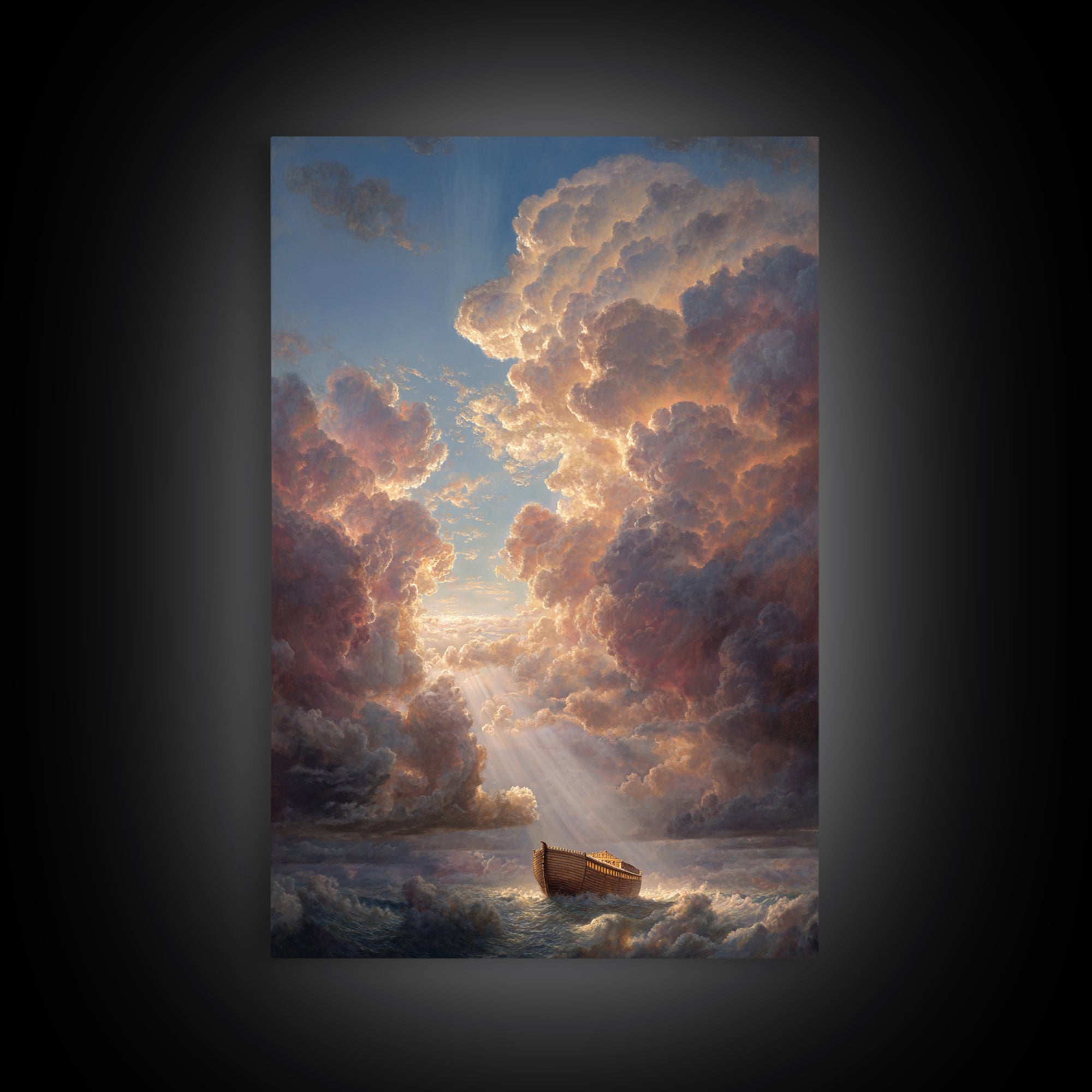 Sunset Clouds And Ark On Stormy Seas Dramatic Landscape Oil Painting Wall Art For Coastal Home Decor Or Nautical Gift