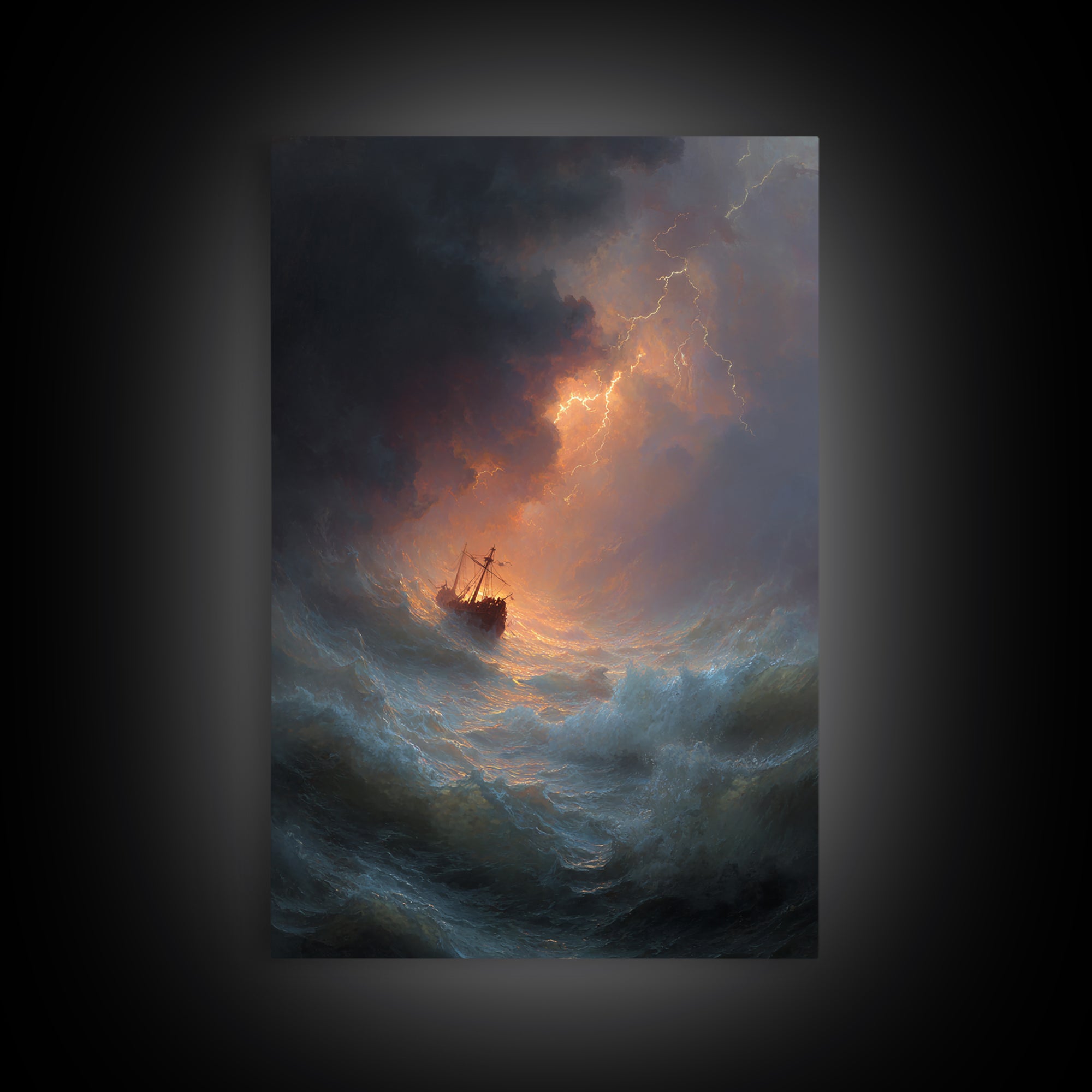 Ship In Stormy Sea With Lightning Strikes Dramatic Ocean Scene Oil Painting Wall Art Canvas Print