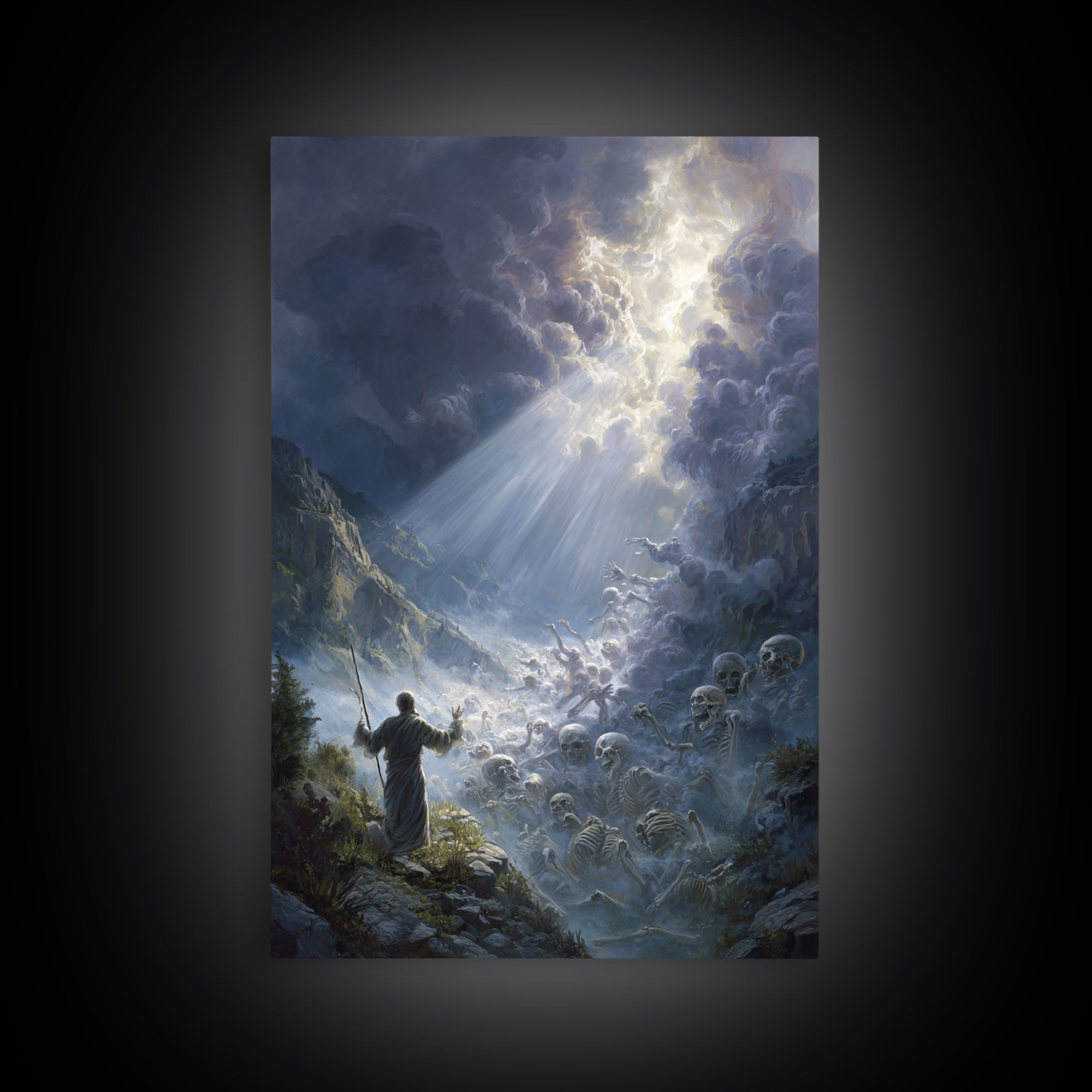 Mystical Angelic Figure Surrounded By Glowing Clouds Spiritual Wall Art Framed Canvas Print For Meditation Spaces