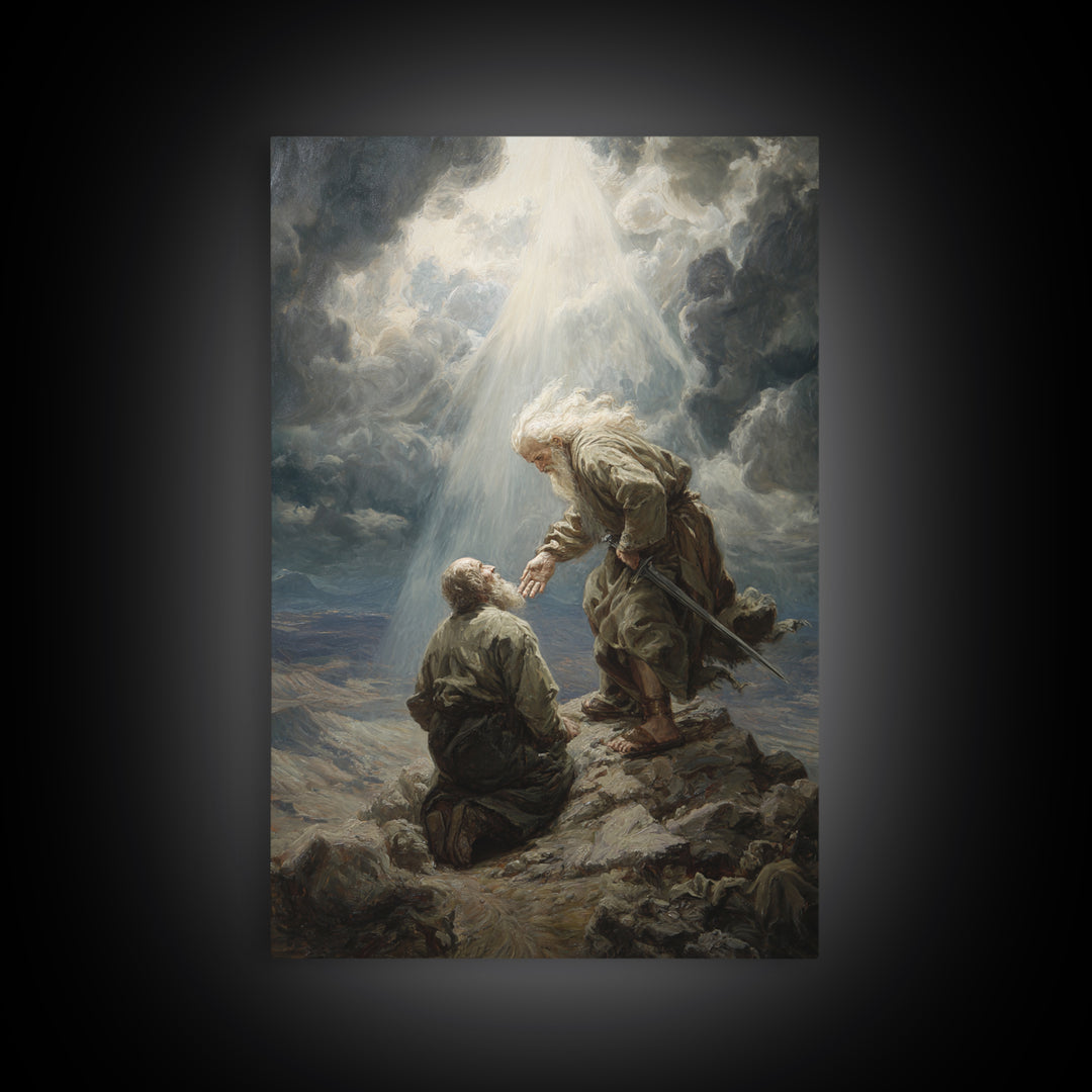 Biblical Scene Of Two Men On Rocky Landscape With Light Ray Spiritual Wall Art Framed Canvas Print For Christian Home Decor