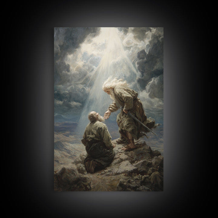 Biblical Scene Of Two Men On Rocky Landscape With Light Ray Spiritual Wall Art Framed Canvas Print For Christian Home Decor