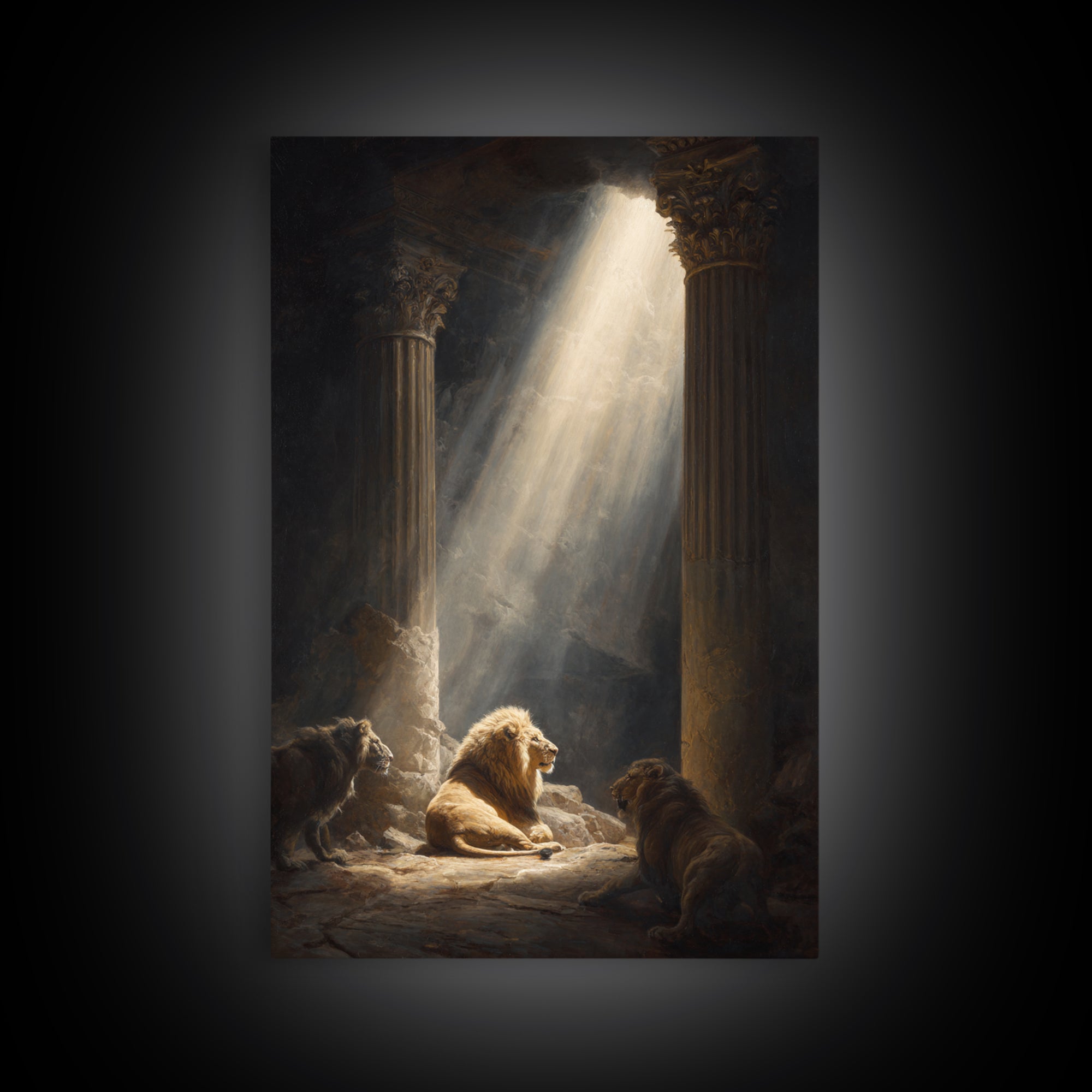 Majestic Lions In Sunlit Ancient Ruins Dramatic Wall Art Canvas Print For Wildlife And Animal Lovers Home Decor